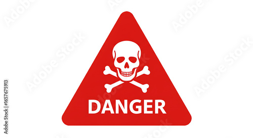 Red triangle warning sign with skull and crossbones and the word danger isolated on transparent background