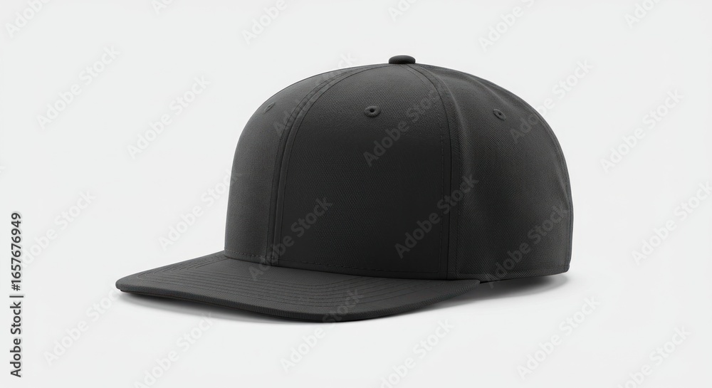Fototapeta premium A plain black baseball cap with a flat brim viewed from a side angle