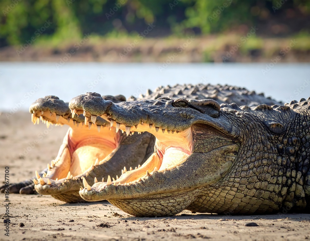 Fototapeta premium Two crocodiles resting on sandy riverbank