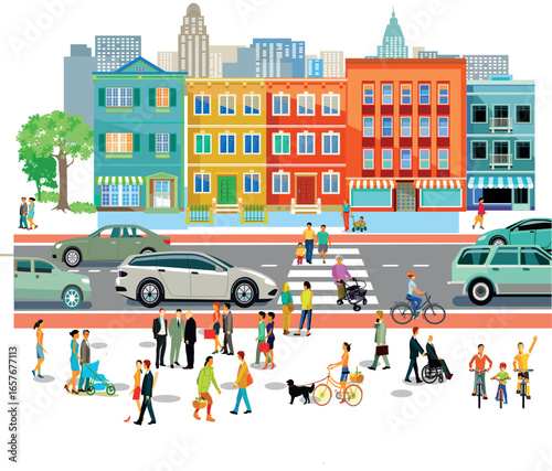 buntes Straßen Panorama mit vielen Menschen Paare und Familien auf der Straße, illustration