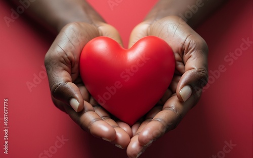 hands and red heart, health insurance, mending broken family, mental illness health, black lives matter, no racism concept. High quality