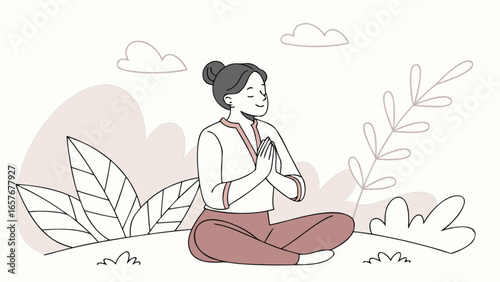 Woman meditation mindfulness yoga zen wellness relaxation peace nature calm stress relief exercise outdoor serene