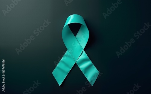 Top view of  teal ribbon on dark background with copy space. Cervical and ovarian cancer, sexual assault, pcos, ptsd, anxiety disorder, agoraphobia and scleroderma awareness concept. High quality