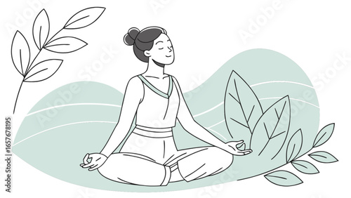 Woman meditating in nature illustration for mindfulness practice and relaxation wellness and yoga retreat design