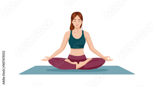 Woman practicing yoga meditation pose on mat for mindfulness wellness and stress relief exercise at home studio