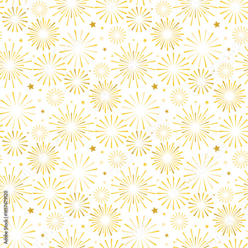 Seamless pattern of exploding golden fireworks. Festive salutes on white background. Festive explosions of fireworks print, vector graphic
