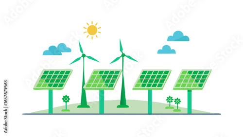 Renewable energy sources solar panels and wind turbines for sustainable power generation concept illustration