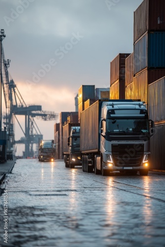 A shipping yard with containers being loaded onto trucks An AI platform is optimizing container packing and route planning The mood, Generative AI