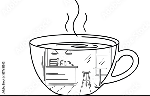 Cozy coffee shop scene captured within a steaming cup of coffee