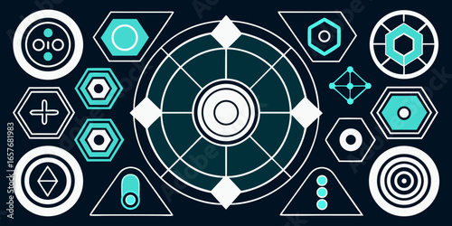 Set of retro futuristic cyber design grids abstract digital shapes and data waves set HUD futuristic blue user interface, dashboard display virtual reality technology screen, target Technology set.