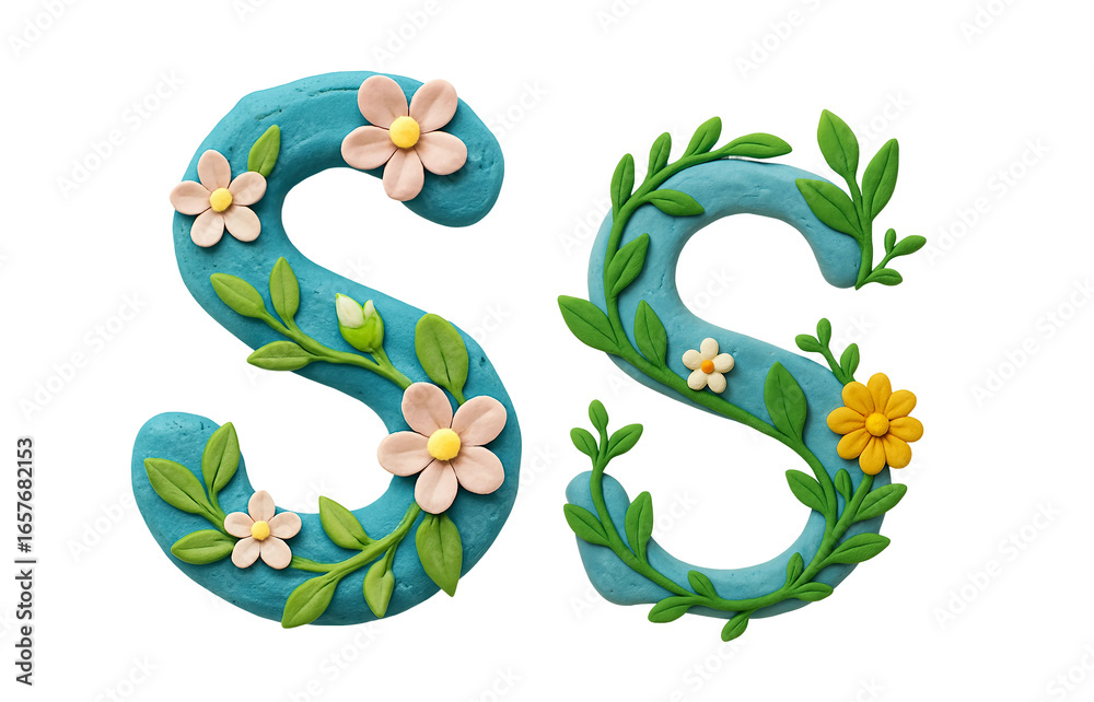 Fototapeta premium Clay Alphabet Letters S and s with Flowers – Decorative Handmade Clay Letters