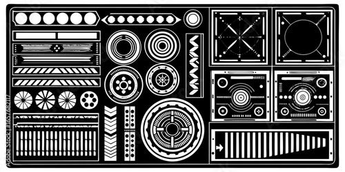 Set of retro futuristic cyber design grids abstract digital shapes and data waves set HUD futuristic blue user interface, dashboard display virtual reality technology screen, target Technology set.