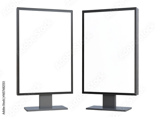 Diagonal Side Angle of Two Blank Vertical Billboards, Transparent Background