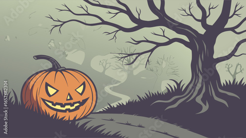 Halloween pumpkin spooky forest scene vector illustration for autumn holiday and october celebration art