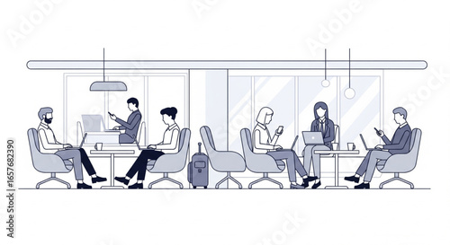 Illustration of diverse individuals working and using devices in a modern, open space.