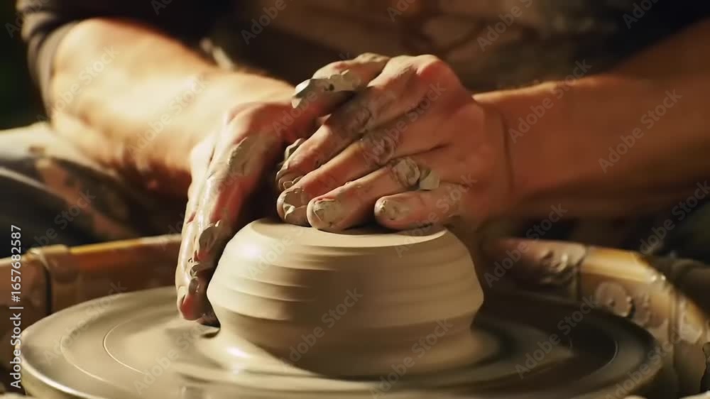 Skilled hands shape raw clay on a potter's wheel, creating a beautiful form. Skilled hands shape raw clay on a potter's wheel, creating a beautiful form.