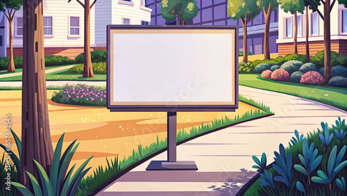 Blank yard sign mockup on green grass near walking path in the park. Perfect for advertising, election campaigns, event promotion, real estate, and announcements.