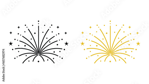 Art of black and gold firework bursts with scattered stars and dots.