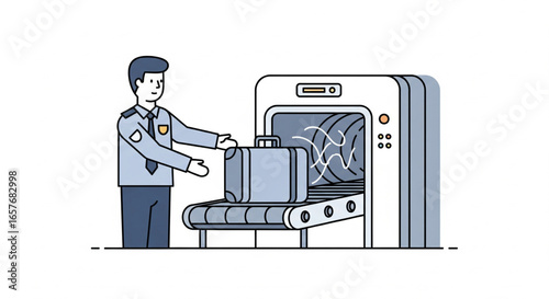 Airport security officer placing a suitcase onto a conveyor belt for baggage screening.