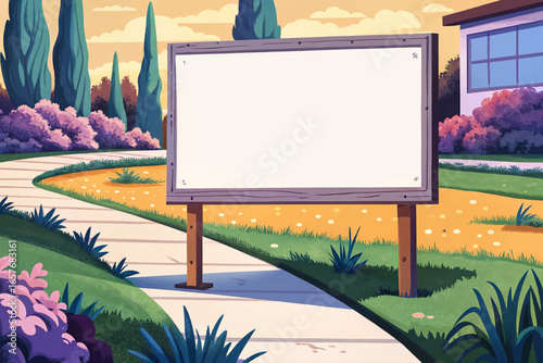 Blank yard sign mockup on green grass near walking path in the park. Perfect for advertising, election campaigns, event promotion, real estate, and announcements.