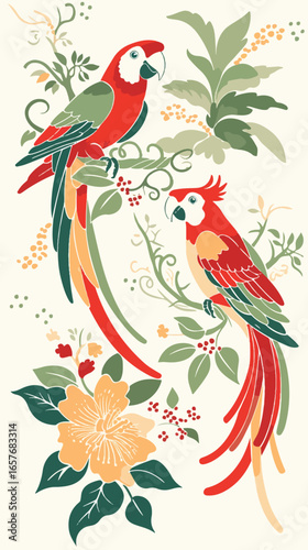 Tropical parrots: A beautiful illustration showcases two vibrant parrots with bold plumage perched amongst lush foliage, their exotic presence infusing the scene with a touch of paradise.