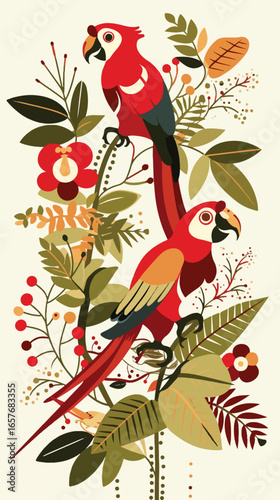 Scarlet Macaw Embrace in Botanical: Captivating scene featuring a pair of vibrant Scarlet Macaws amidst an exquisite botanical backdrop, blending the beauty of the natural world with artistic flair.