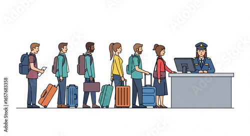 People with luggage stand in line at airport security, waiting for inspection by an officer.