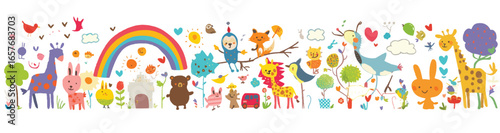Whimsical animal parade: A vibrant and playful parade of cartoon animals, each with unique personalities, creating a joyful atmosphere in a cheerful composition with rainbow. 