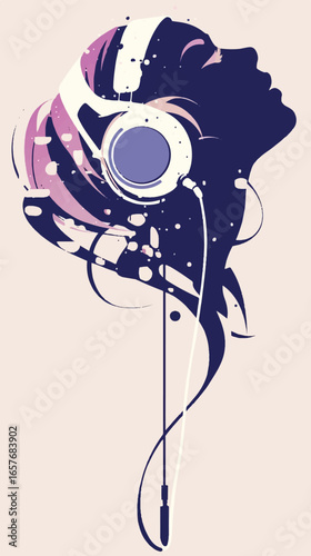 Harmony of Sound and Silhouette: A striking illustration captures the essence of music's embrace, blending a woman's profile with the stylized presence of headphones and creative abstract shapes.
