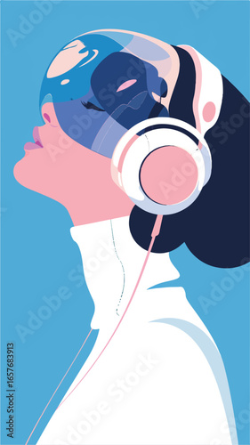 Sonic Serenity: An artistic portrait of a woman immersed in sound, adorned with sleek headphones, in a serene audio landscape. This image captures the fusion of technology and tranquility.