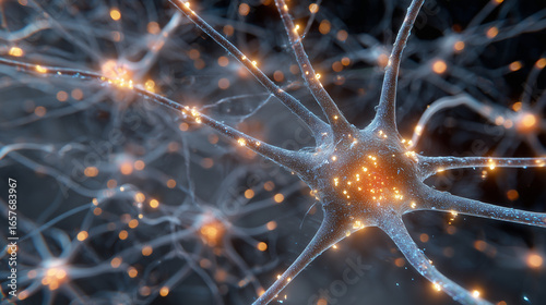 Glowing neuron network with magnesium crystals pulsing at synaptic junctions.