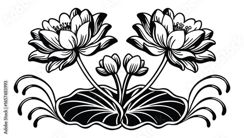 Art of two lotus flowers with buds and leaves.