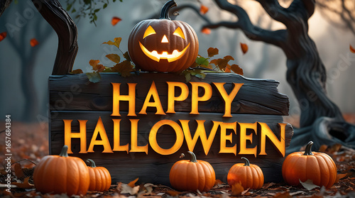 A bold pumpkin with a wide grin sits in front of a carved wooden sign reading “HAPPY HALLOWEEN,” framed by pumpkins and shadows, 4K and HD image