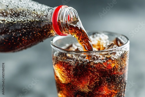 Pouring cola drink from bottle into glass with ice cubes refreshment concept