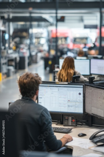 A transport logistics office with employees analyzing data An AI program is forecasting seasonal demand to optimize stock levels The mood, Generative AI 