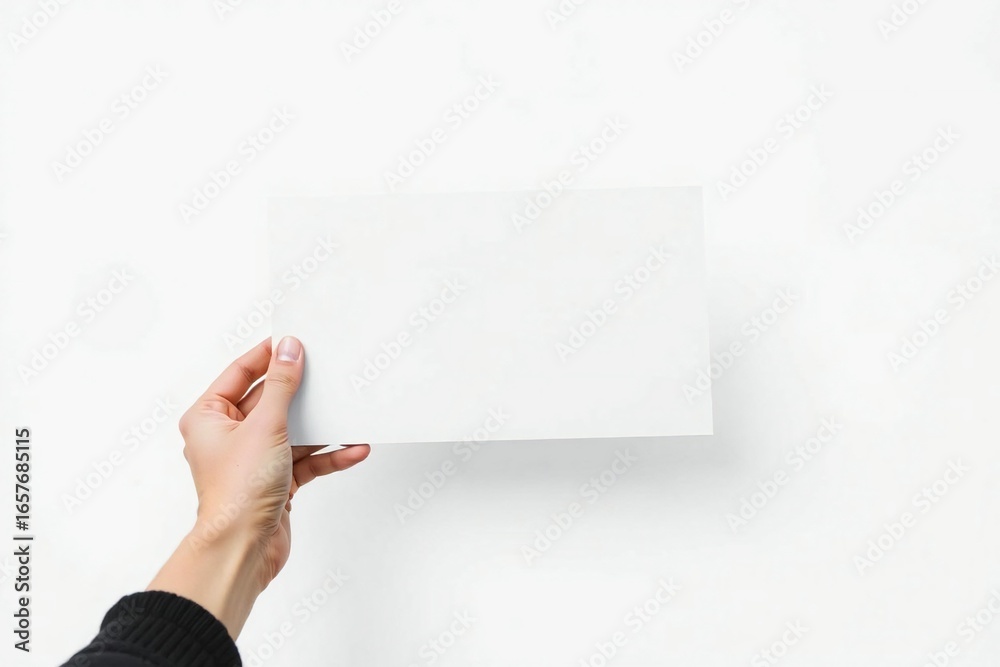 Obraz premium Hand holding a blank white paper or card against a white background