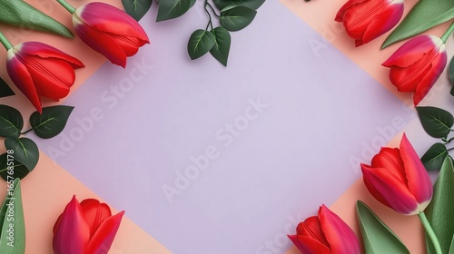 Floral Frame with Red Tulips and Green Leaves on Pastel Lilac and Peach Background, Ideal for Springtime Greetings