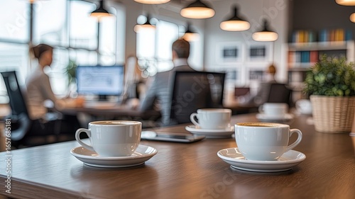 Workplace Coffee Break: A vibrant workspace captures the essence of a productive environment, coffee cups adorn a wooden table, signifying moments of pause, fostering collaboration and innovation.
