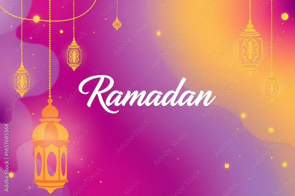 Naklejka premium Ramadan greeting with hanging lanterns and gradient background