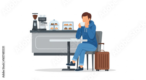 A man sits at a cafe table, enjoying a coffee, while a travel suitcase is beside him.