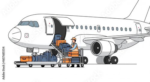 Airport baggage handler loading suitcases onto an airplane.