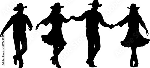 Silhouette of a couple in cowboy hats line dancing. set
