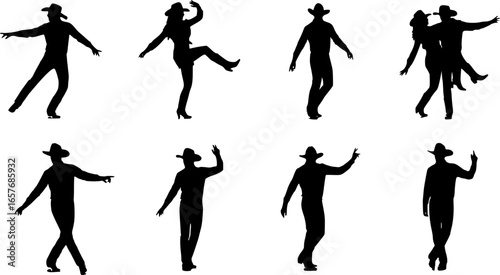 Silhouette of a couple in cowboy hats line dancing. set
