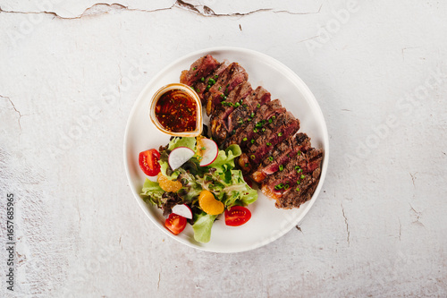Wallpaper Mural Grilled Steak with Side Salad and Orange Sauce on White Plate Torontodigital.ca
