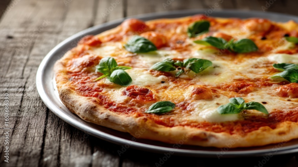 Classic margherita pizza on the grill plate. Traditional italian food with fresh basil leaves. Delicious dish for menu design and recipe pages. Classic margherita pizza on the grill plate. Traditional italian food with fresh basil leaves. Delicious dish for menu design and recipe pages.