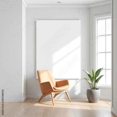 Modern living room corner with peach armchair and blank canvas