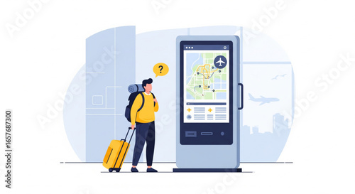 Lost traveler with luggage consults an interactive map display in a modern, bright airport or travel hub.