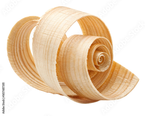 Elegant swirl of light wood shaving showcasing natural texture and woodworking detail