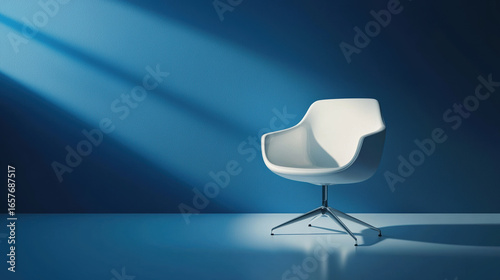A single minimalist office chair with smooth, pure white surfaces and soft shadows. 