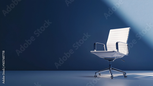 A single minimalist office chair with smooth, pure white surfaces and soft shadows.